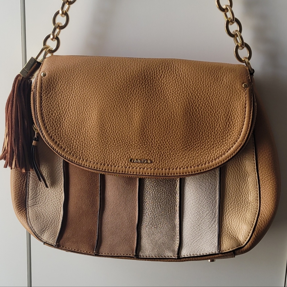 Calvin Klein Tan Gold Shoulder Bag with Chain Strap
